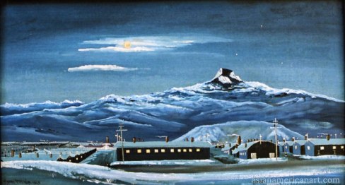This is a scene of the internment camp in Heart Mountain, WY, during World War II. Painting by Joshiro Miyauchi (1888 - 1984). 